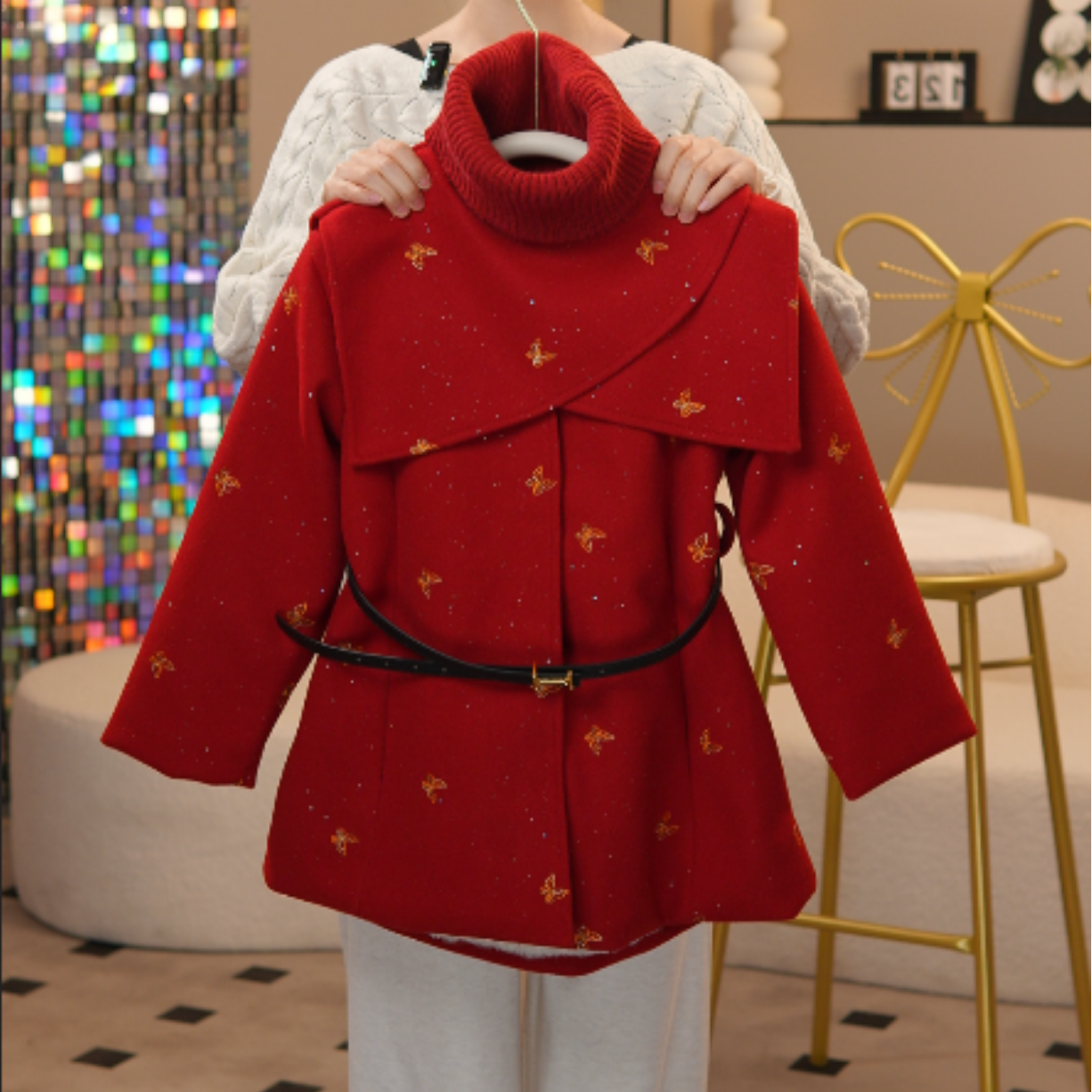 女童红色加绒中长款毛呢子大衣2026新款冬装本命年加厚派克服外套