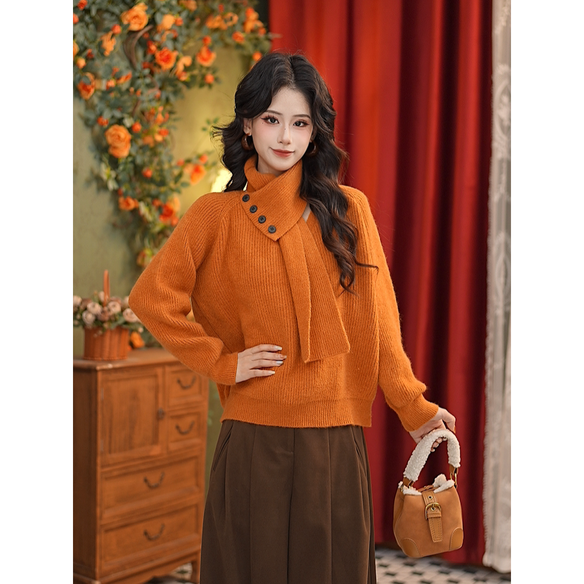 张嘉圆【辛歌】25年冬季新款简约小众显瘦减龄带围巾毛织衫#K10195