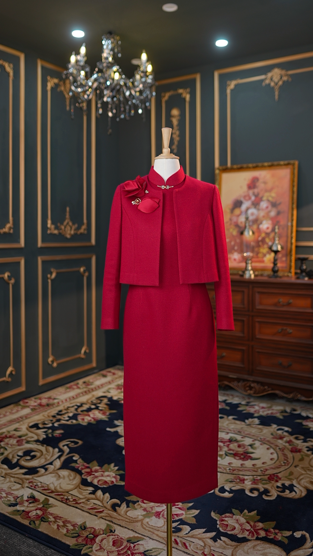 喜婆婆喜妈妈婚宴显瘦羊毛两件套气质酒红色礼服1099