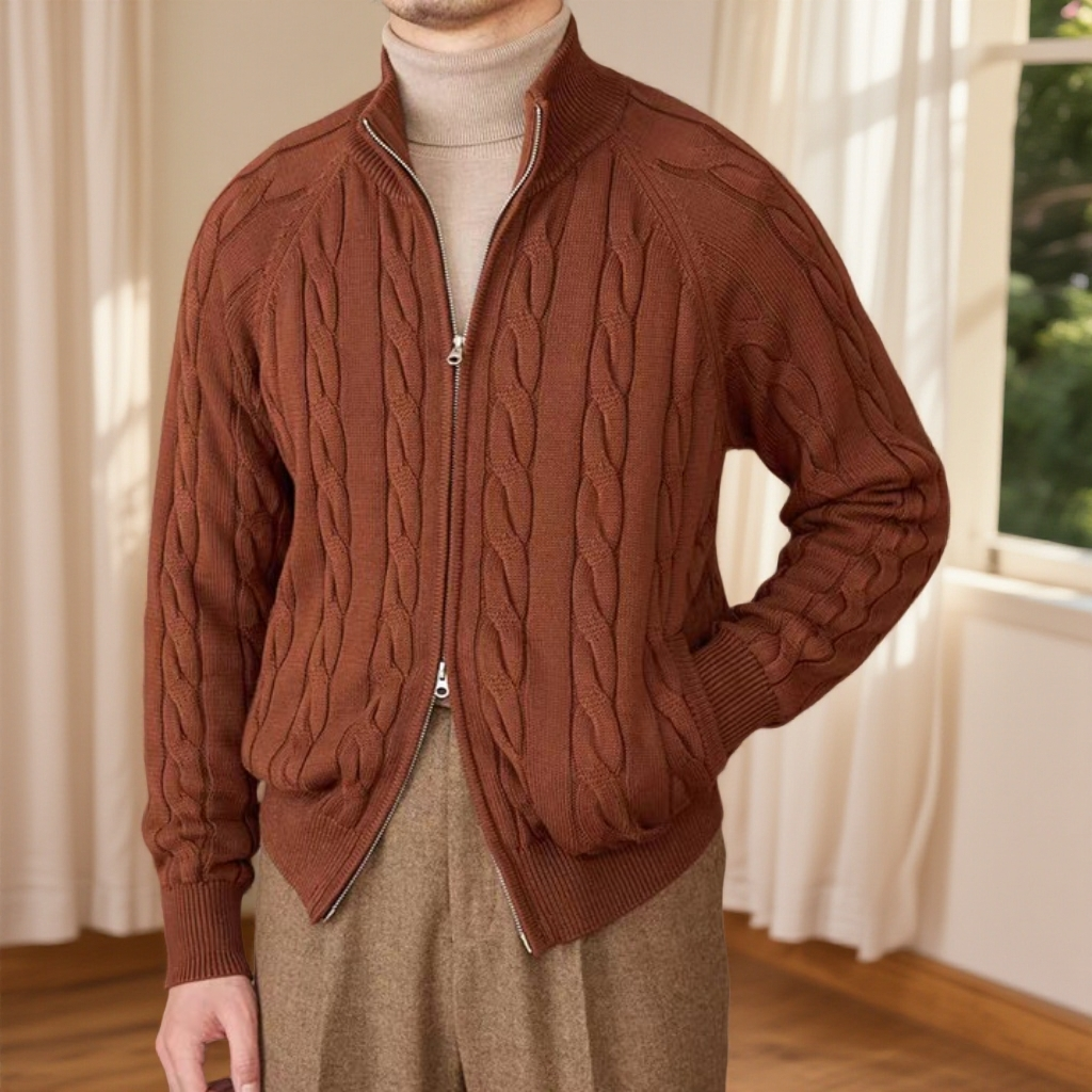 常发修峰纯棉针织英伦加厚高克重绞花双开拉链开衫立领毛衣外套男