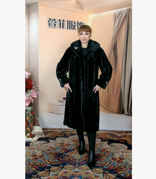 人造皮草 萱菲家高定冬季水貂绒大衣保暖厚实外套v领