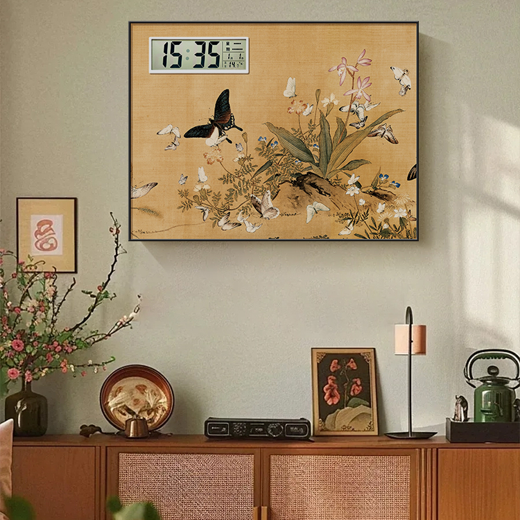 新中式电表箱装饰画带钟表花鸟壁画配电箱开关盒遮挡时钟上翻挂画