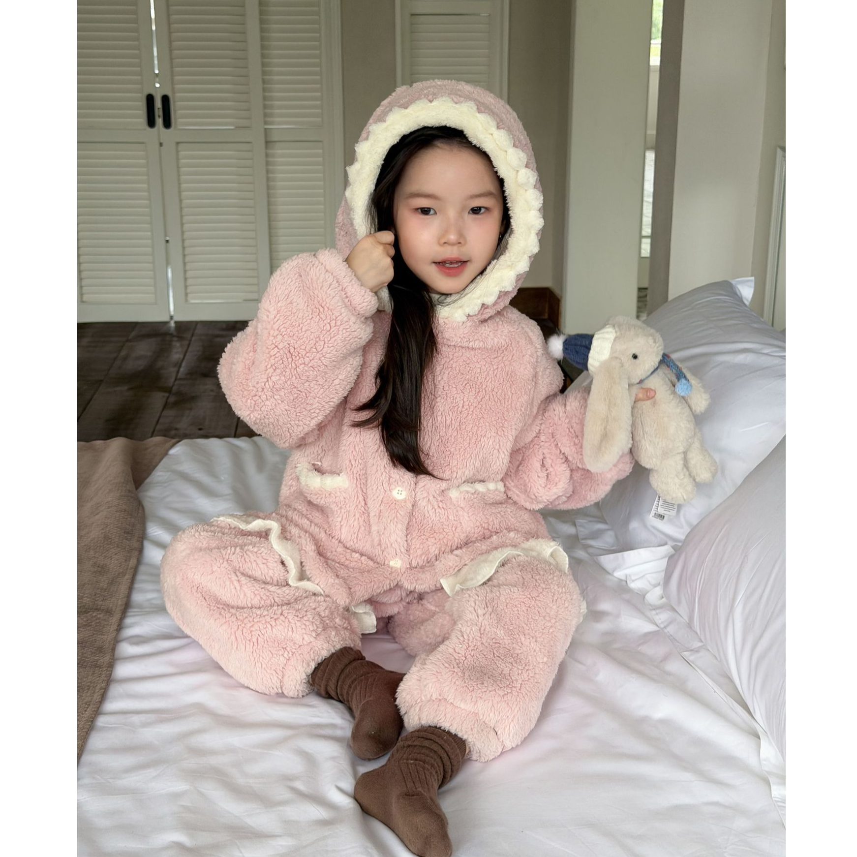 【丸子妈】女童软萌粉色居家睡衣可爱蝴蝶结毛绒加厚家居服25K019