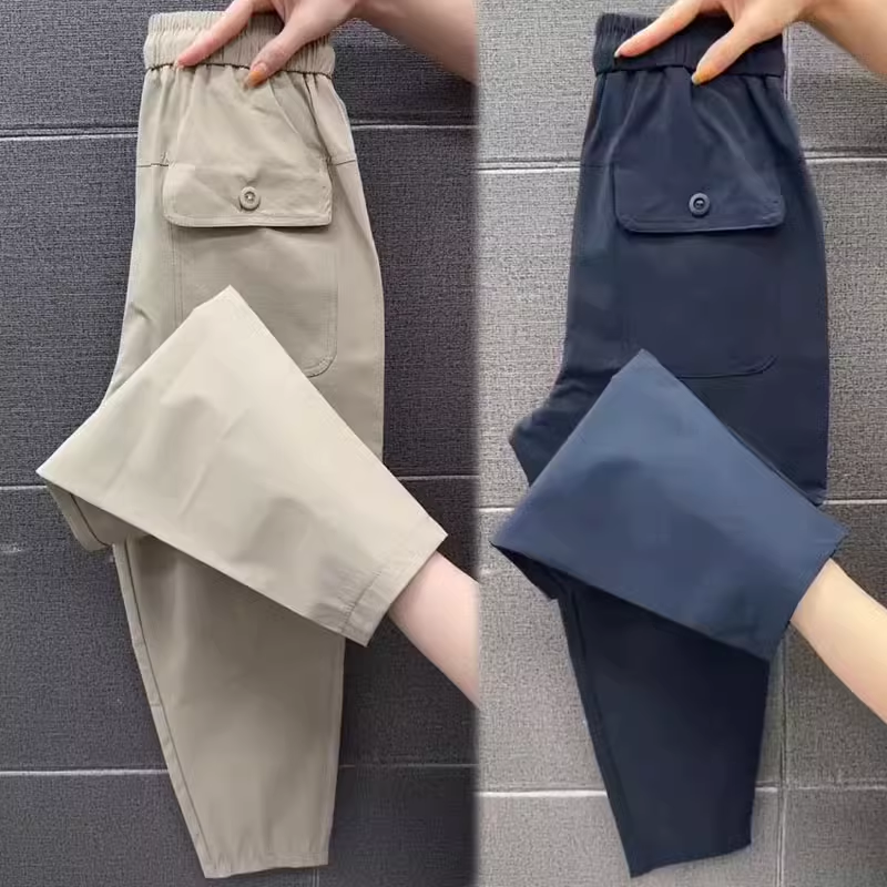 夏季薄款九分裤直筒裤女高腰网纹速干裤小个子休闲哈伦萝卜裤