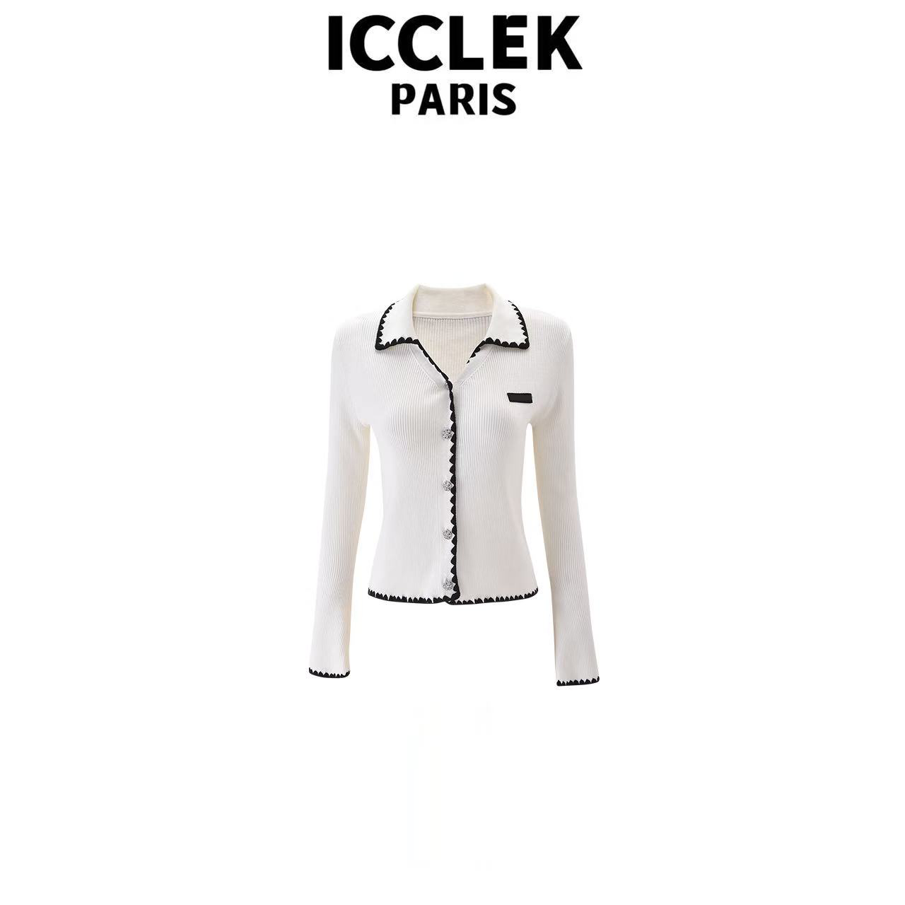 ICCLEK 早秋V领黑边气质轻奢名媛显瘦百搭减龄时尚修身上衣 -9070