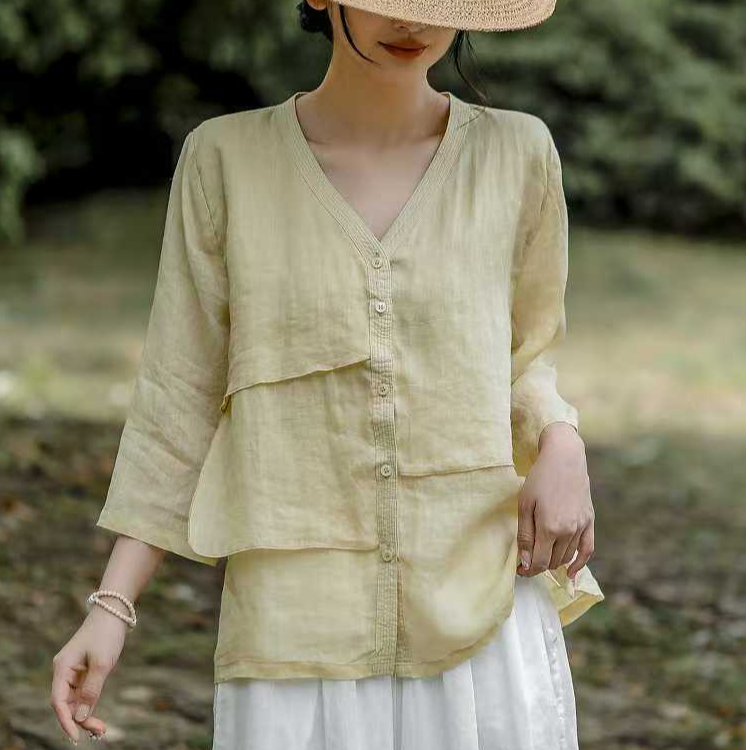2025夏季苎麻设计款不规则开衫慵懒风气质文艺感衬衫