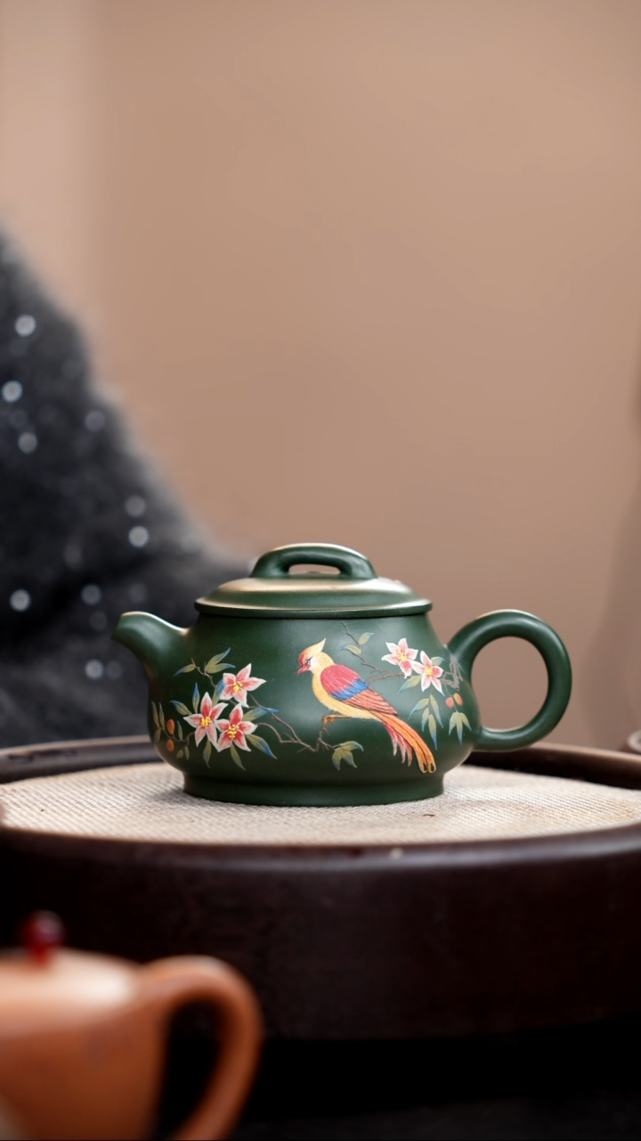 【闪购商品】紫砂茶壶民国绿儒相泥绘花鸟