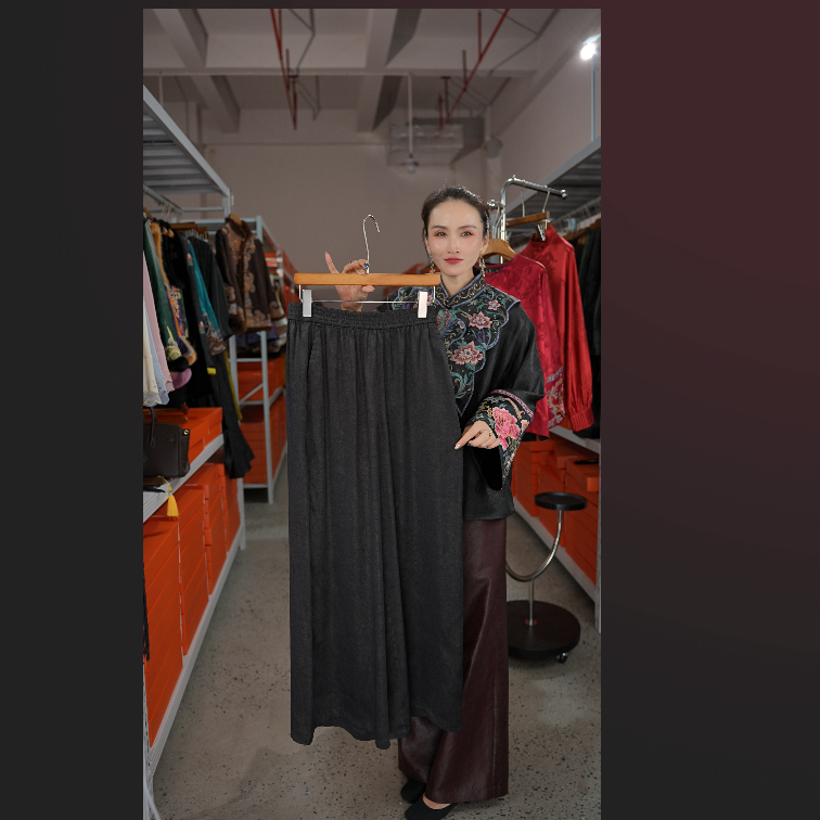 素纱莨绸【泽光】休闲阔腿裤中国风女装中腰黑色