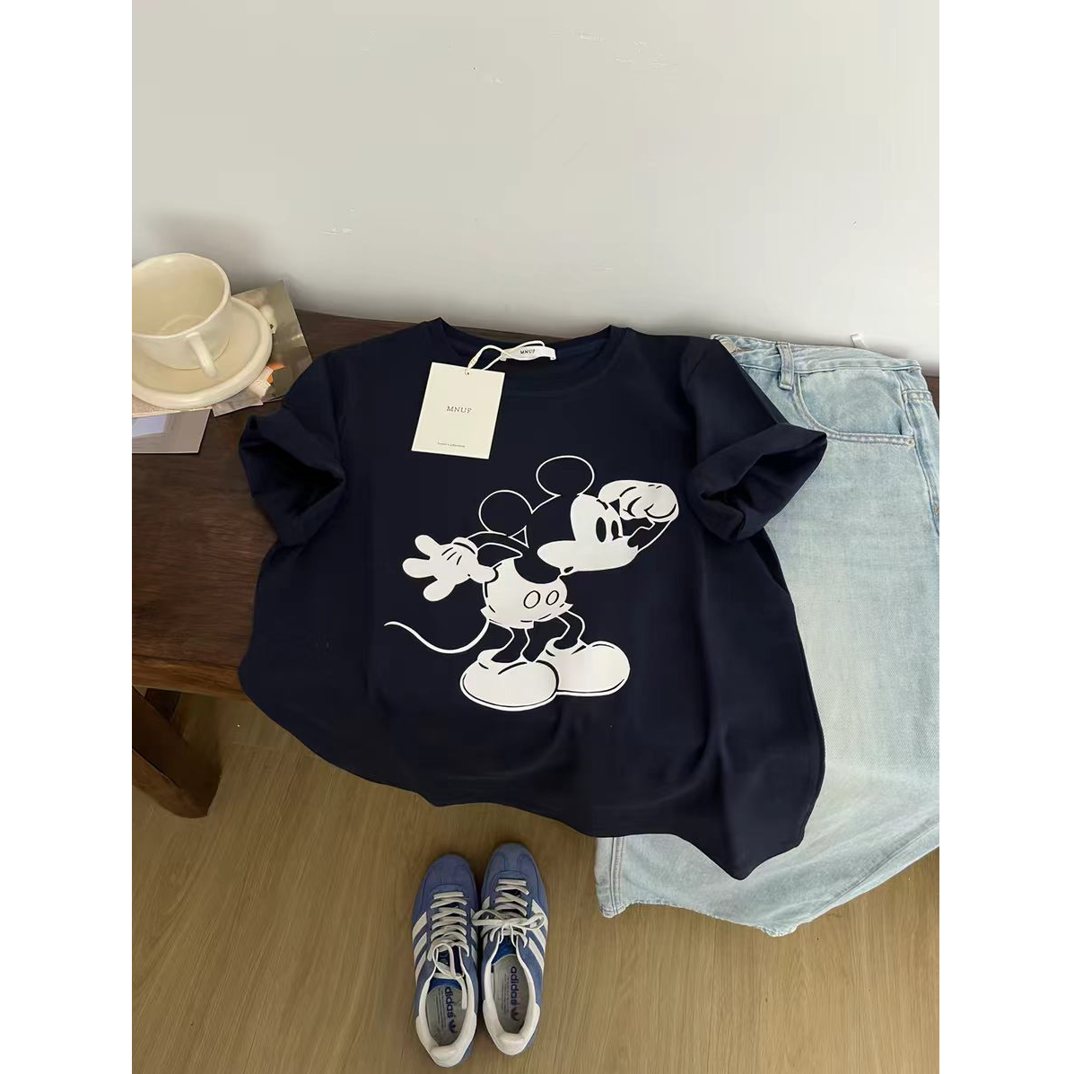 【汐月女神~挠头米奇】韩系新款夏季宽松卡通印花正肩短袖T恤女