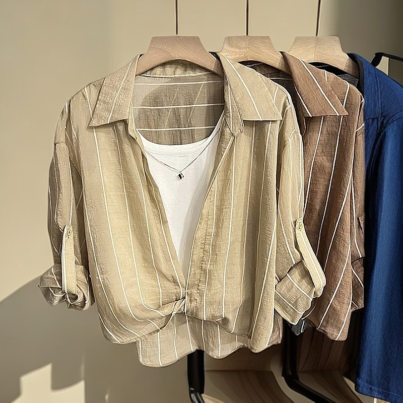 【素境】271#设计感条纹长袖衬衫女百搭无袖背心两件套衬衣长65