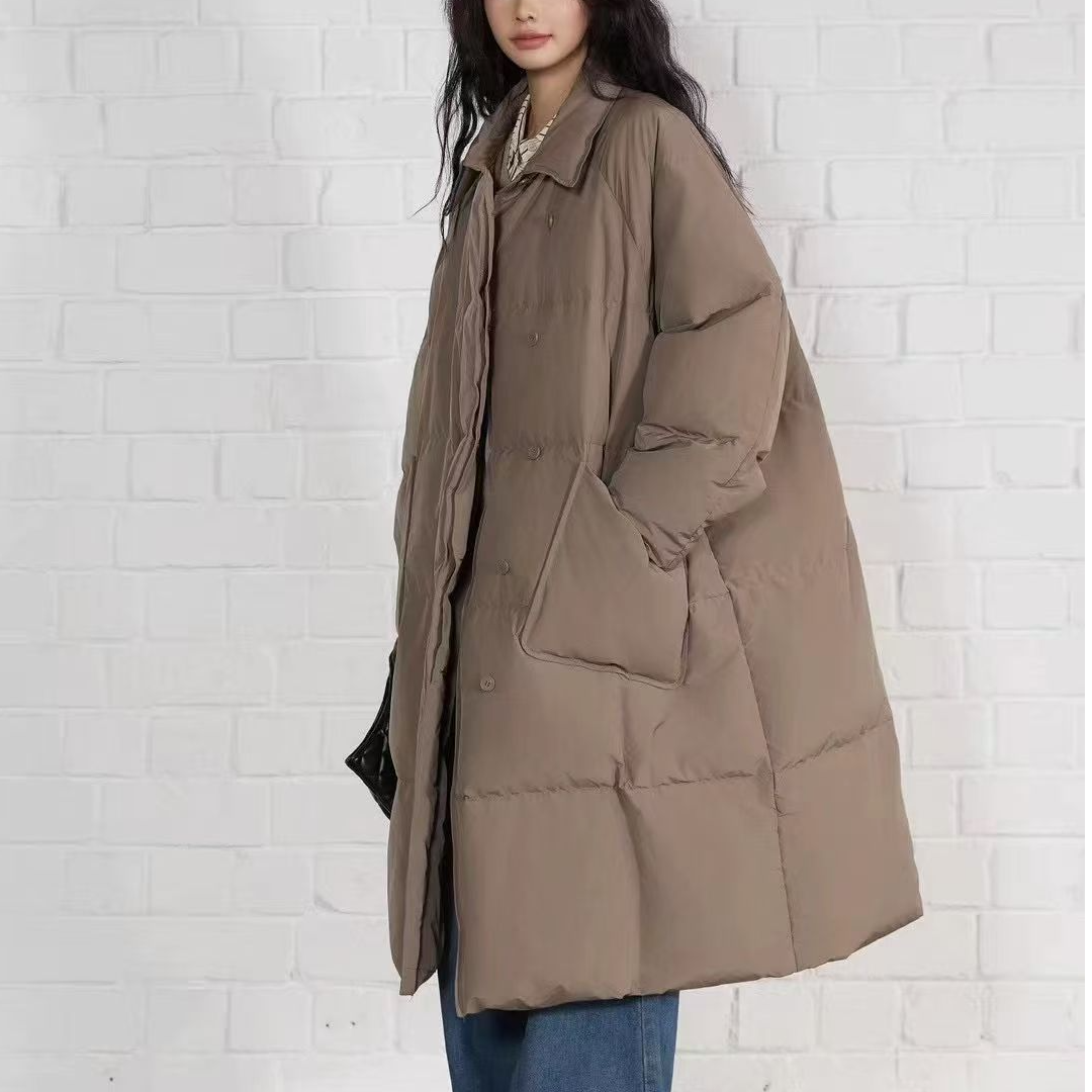 2025冬季白鸭绒纯色翻领简约通勤休闲百搭长款宽松加厚羽绒服