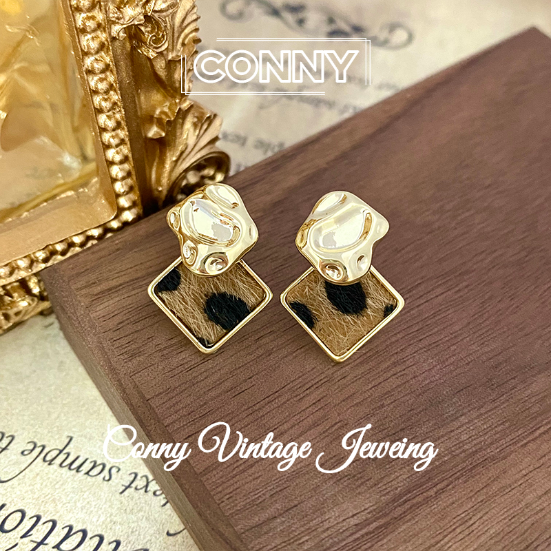 铜合金布艺耳饰 KN0067 法 ·【菱形豹纹】复古美拉德豹纹毛绒耳钉