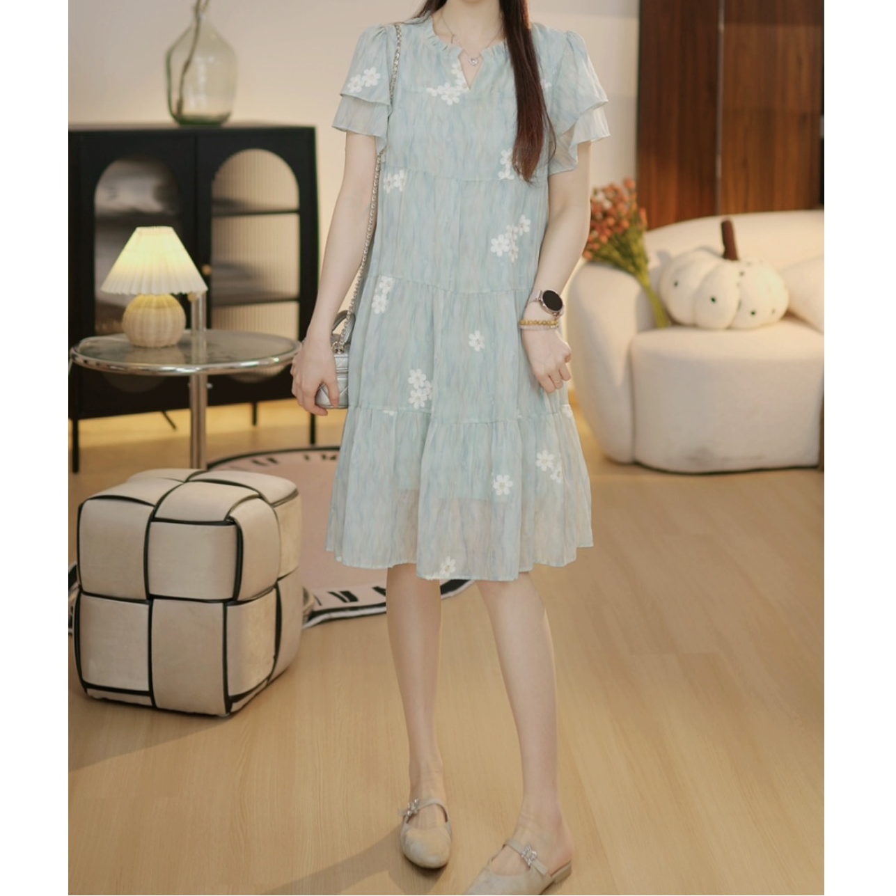 【X146U】梦幻曼波色调刺绣小花显瘦中长裙甜美减龄仙气连衣裙X146