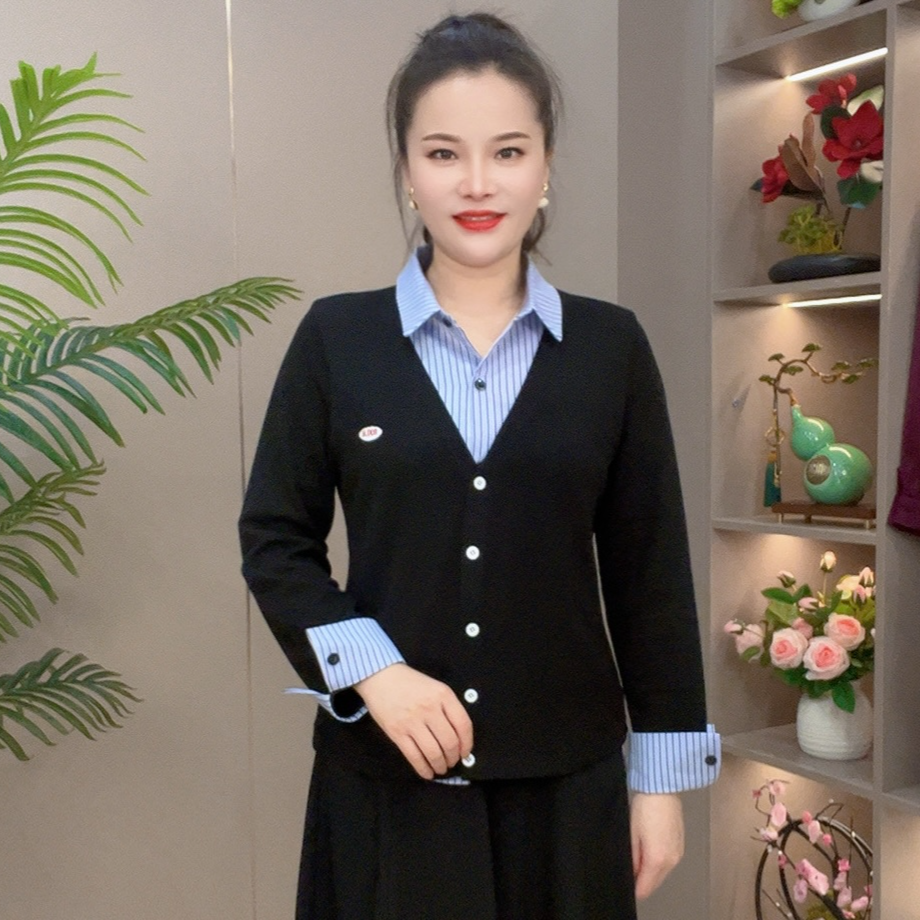 21091款秋季 上新假两件纯色外搭经典竖条纹内衬气质百搭衬衫