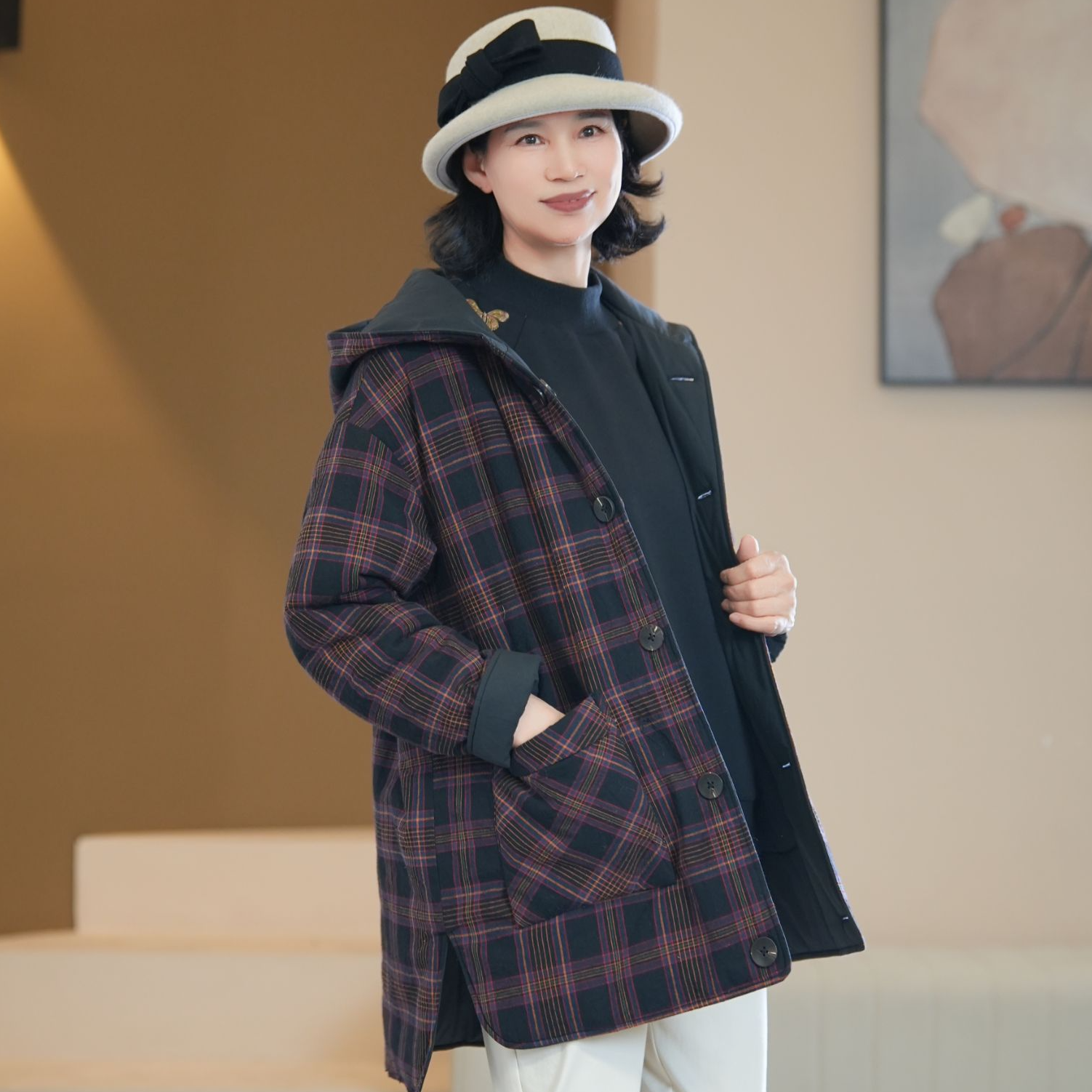 断码-现货1小时双面穿苎麻气质时尚棉袄秋冬百搭防风女士保暖棉衣