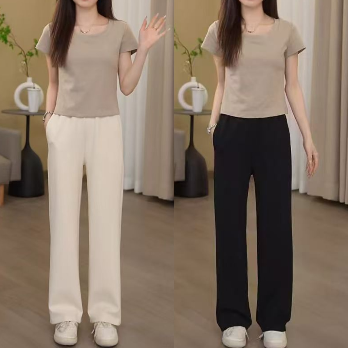 小个子薄款高腰轻熟风夏季拼接休闲裤直筒长裤显瘦外穿