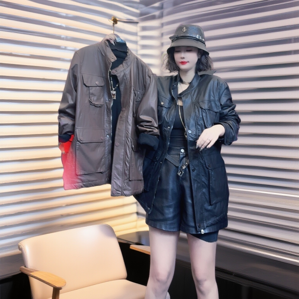 D25122614单排扣翻领收腰西装新款冬季修身时尚皮衣外套高级感