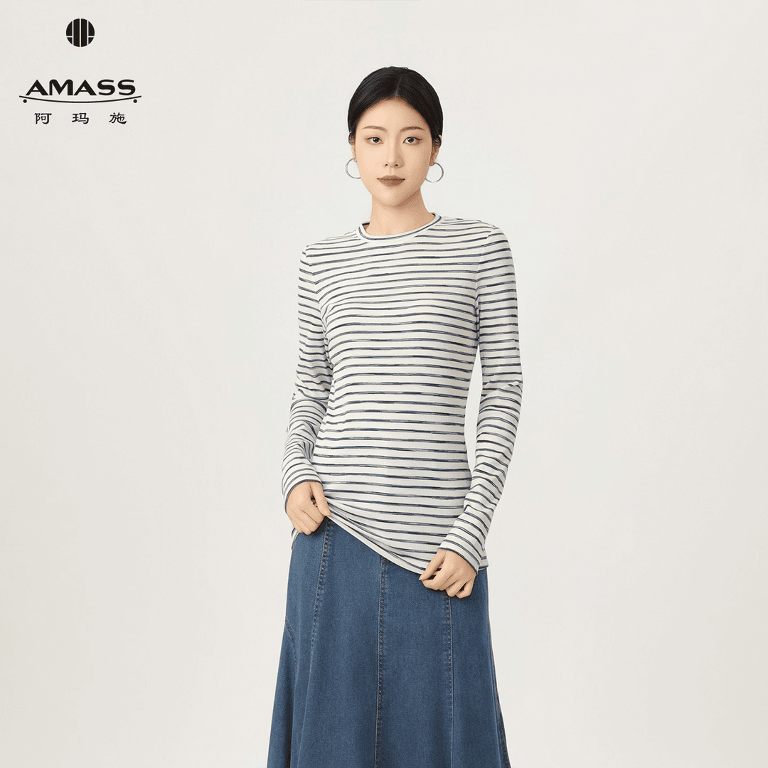 AMASS/阿玛施早秋少女感时尚百搭经典条纹休闲长袖套头T恤5300886
