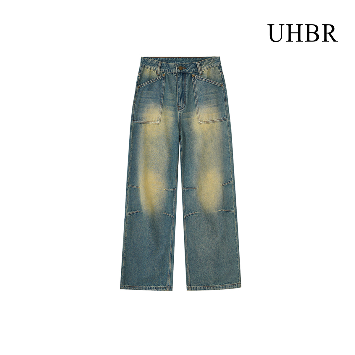 UHBR美式复古水洗阔腿工装牛仔裤夏季新款设计感高街直筒潮牌长裤