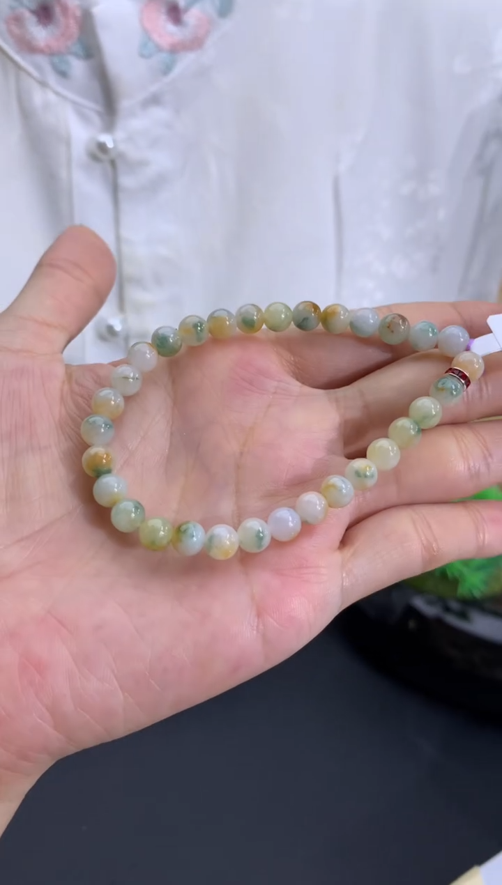 未镶嵌手串翡翠糯冰 黄翡带飘花 卡6mm