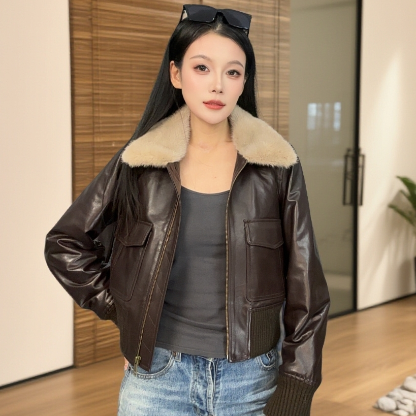 短款时尚加绒加厚真皮韩版大毛领网红百搭女士加厚冬季女外套