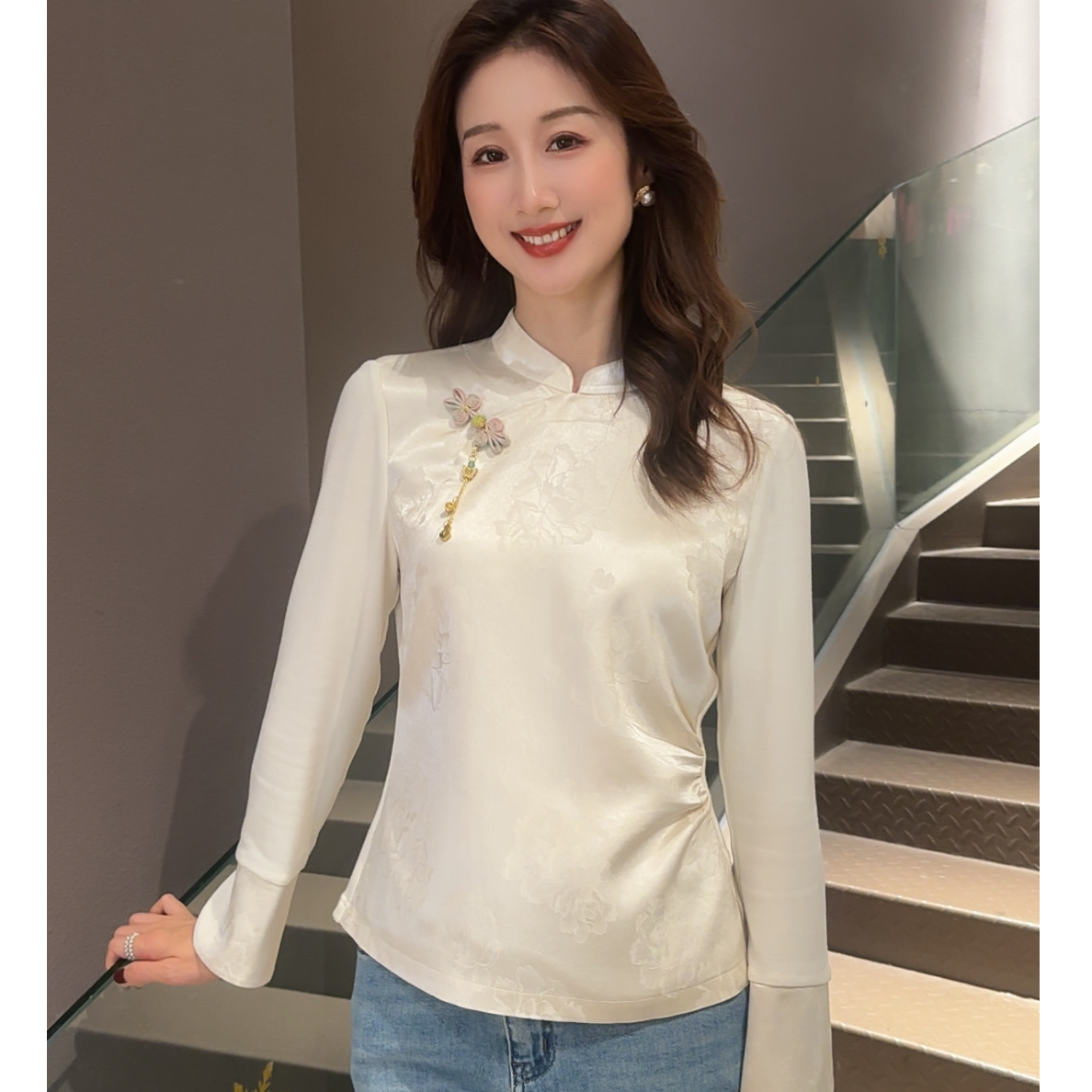 《七七定制》2025年秋冬季醋酸加绒百搭立领修身弹力衬衣6680