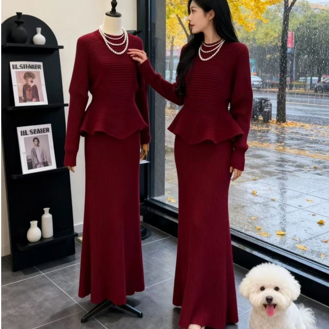 新款红色气质时尚设计感坑条针织衫伞边毛衣+修身半身裙两件套女
