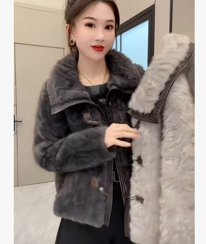 翻领拼皮毛毛外套6013#