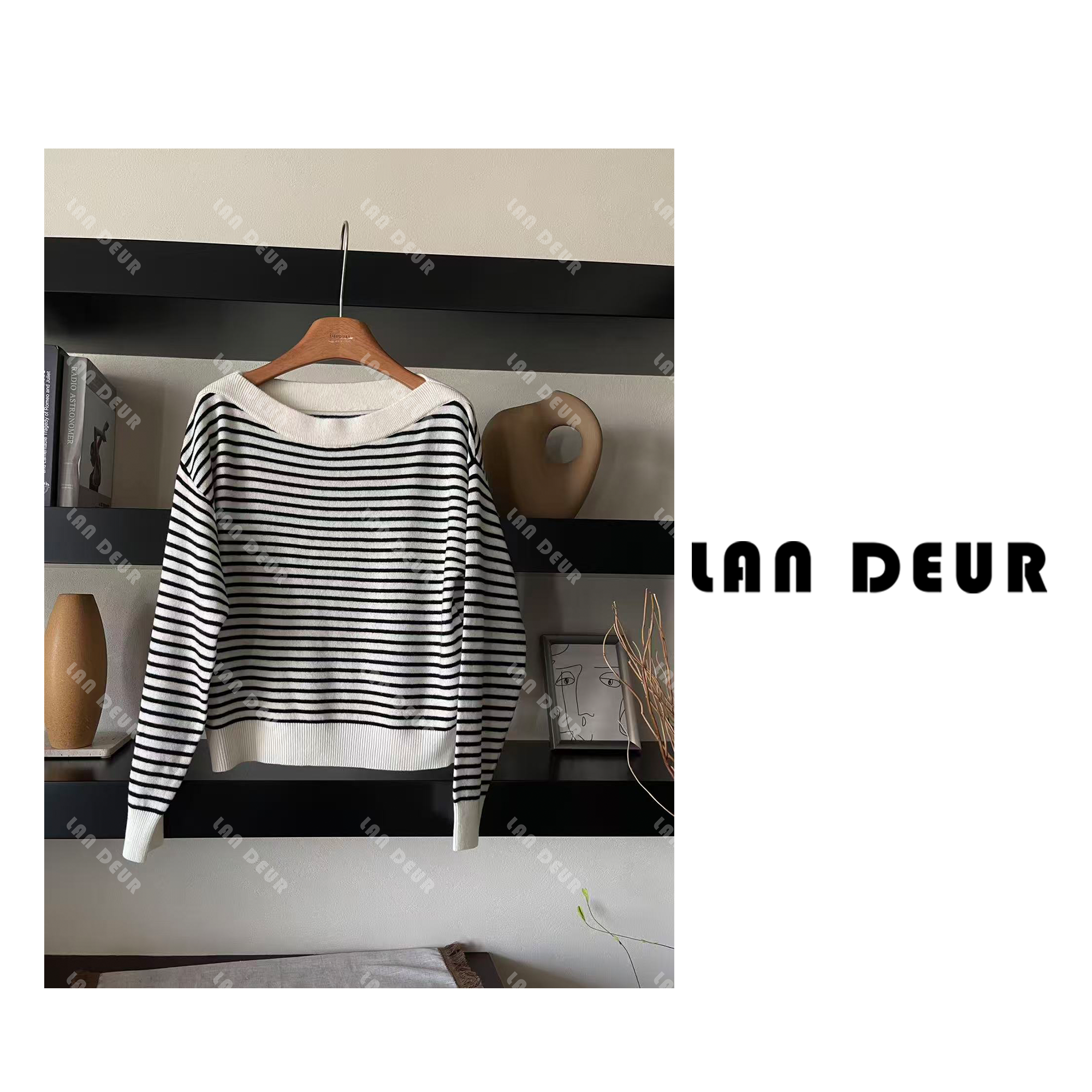 JIUJIU【雾里信礼】100绵羊毛韩系减龄百搭显瘦一字领条纹针织衫