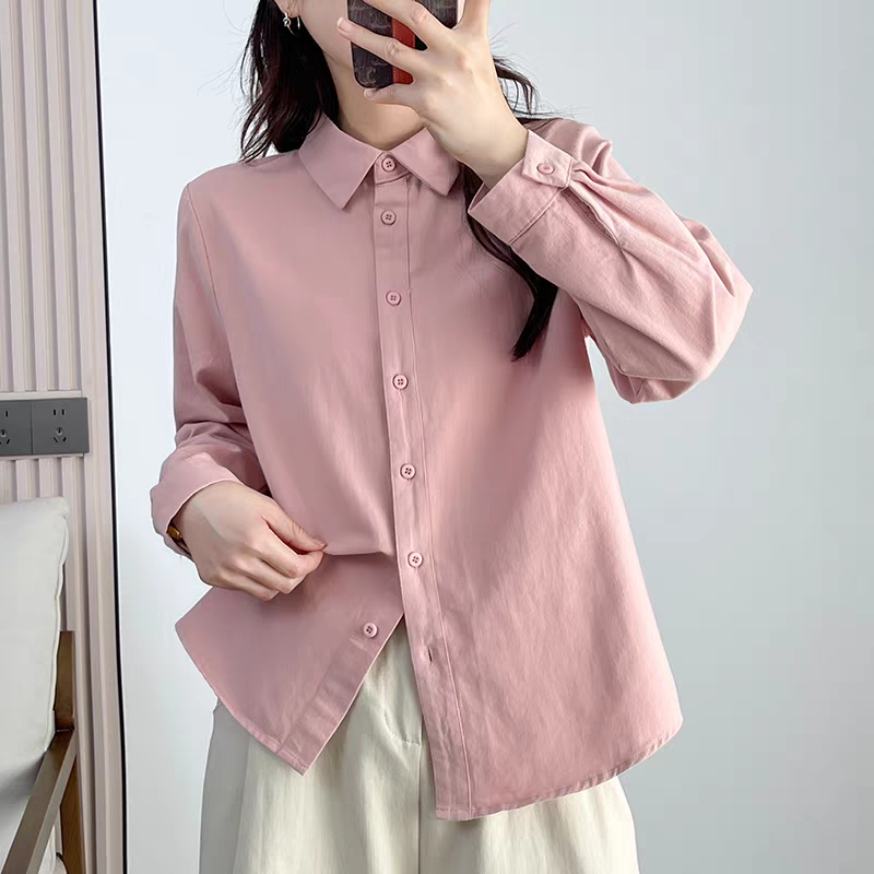 优质磨毛纯色纯棉翻领长袖衬衫女宽松显瘦内搭开衫8828