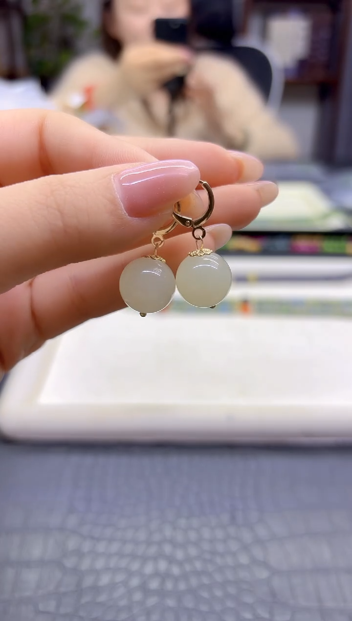 14K金镶嵌和田玉耳饰DIY款E611