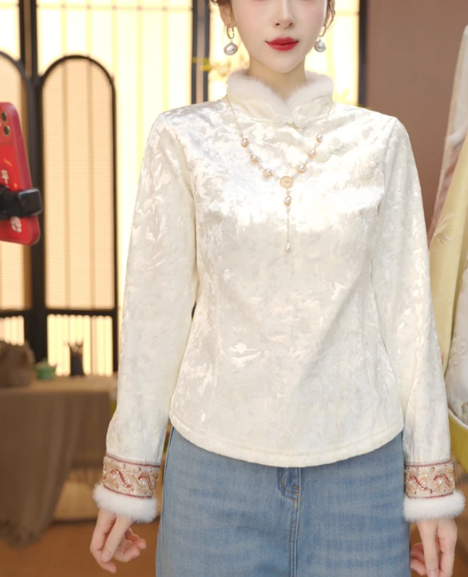 花纹提花厚款加绒刺绣冬季斜襟新中式拼接上衣长袖时尚打底小衫