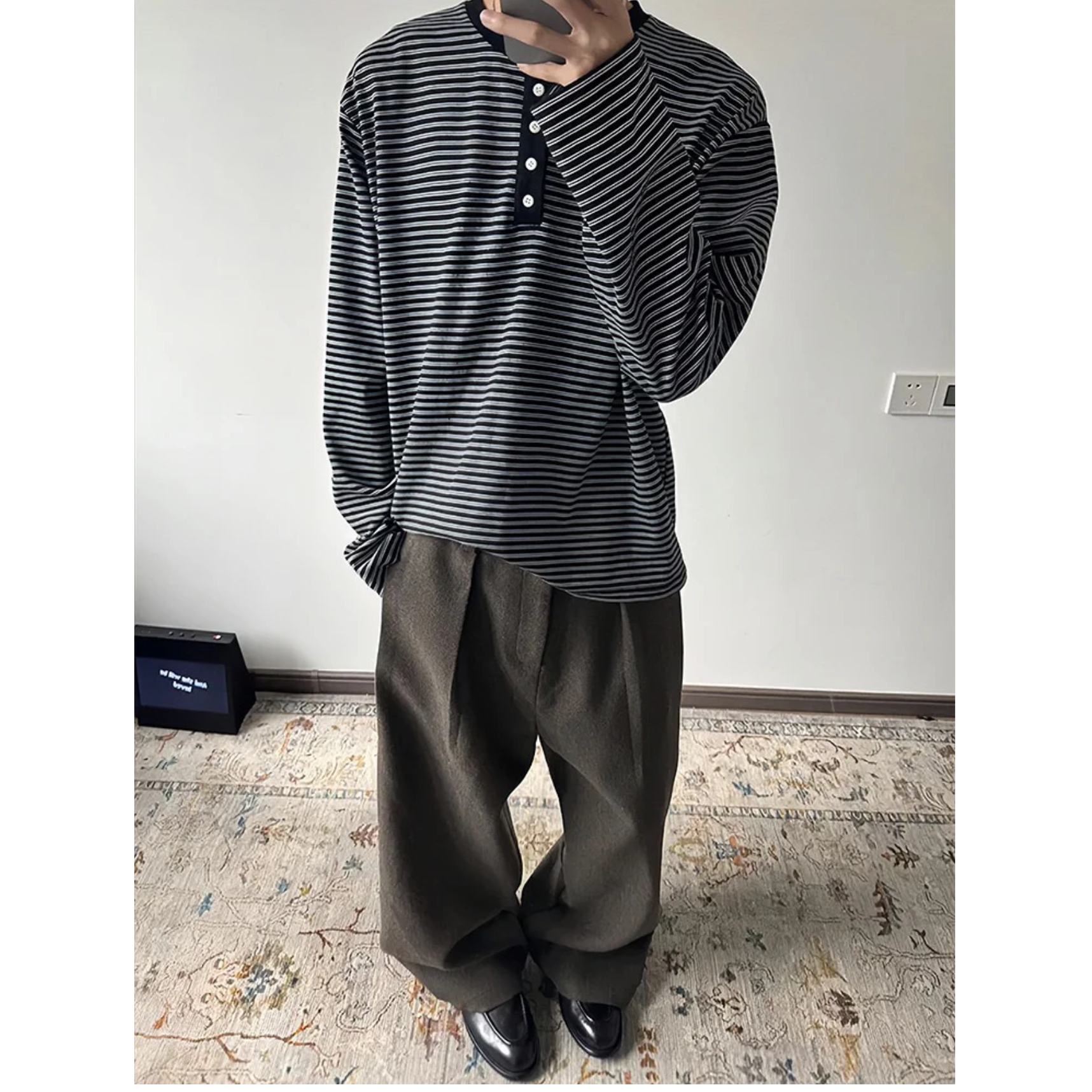 秋冬【条纹亨利领】纯棉T恤正肩黑白色男女修身休闲基础复古打底衫