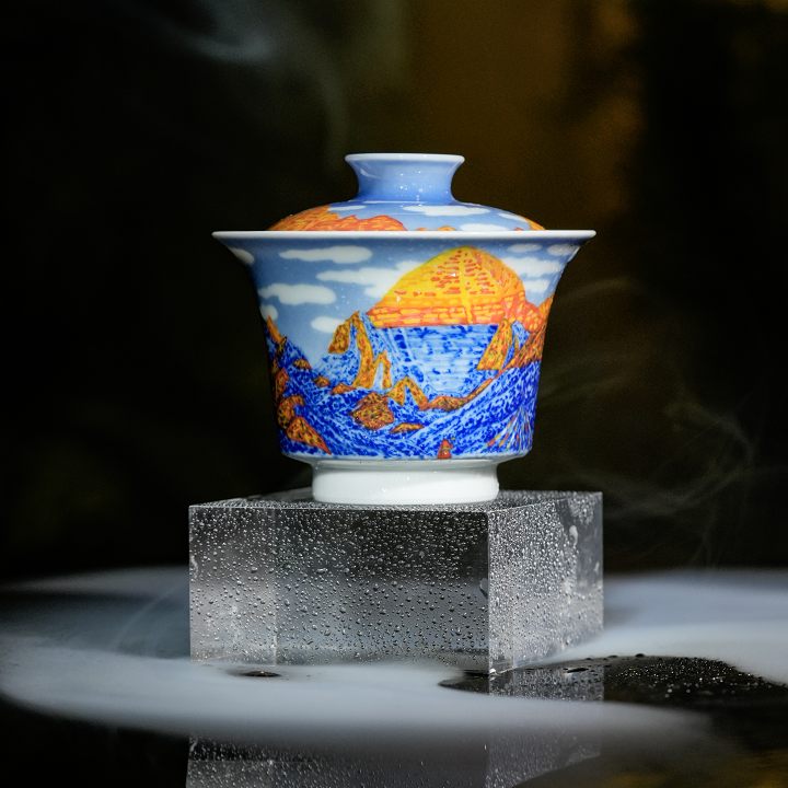 【小乔赏瓷】清三青花山水马蹄盖碗冈仁波齐qs150