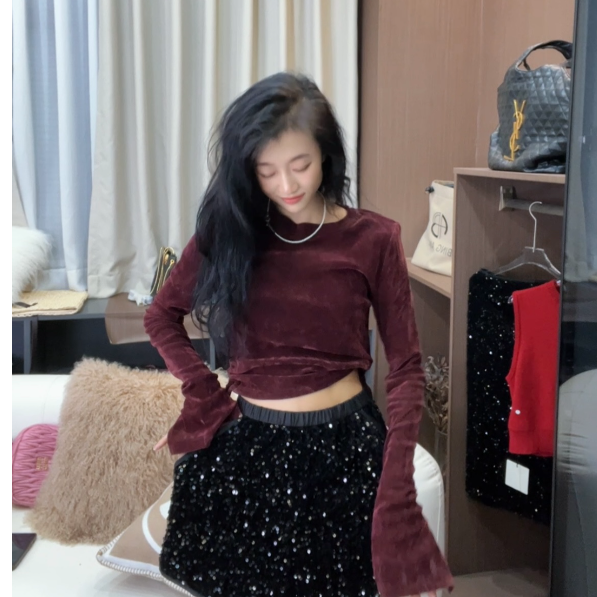 网纱植绒丝绒圆领抽绳款 气质显瘦透气百搭丝绒打底衫女上衣