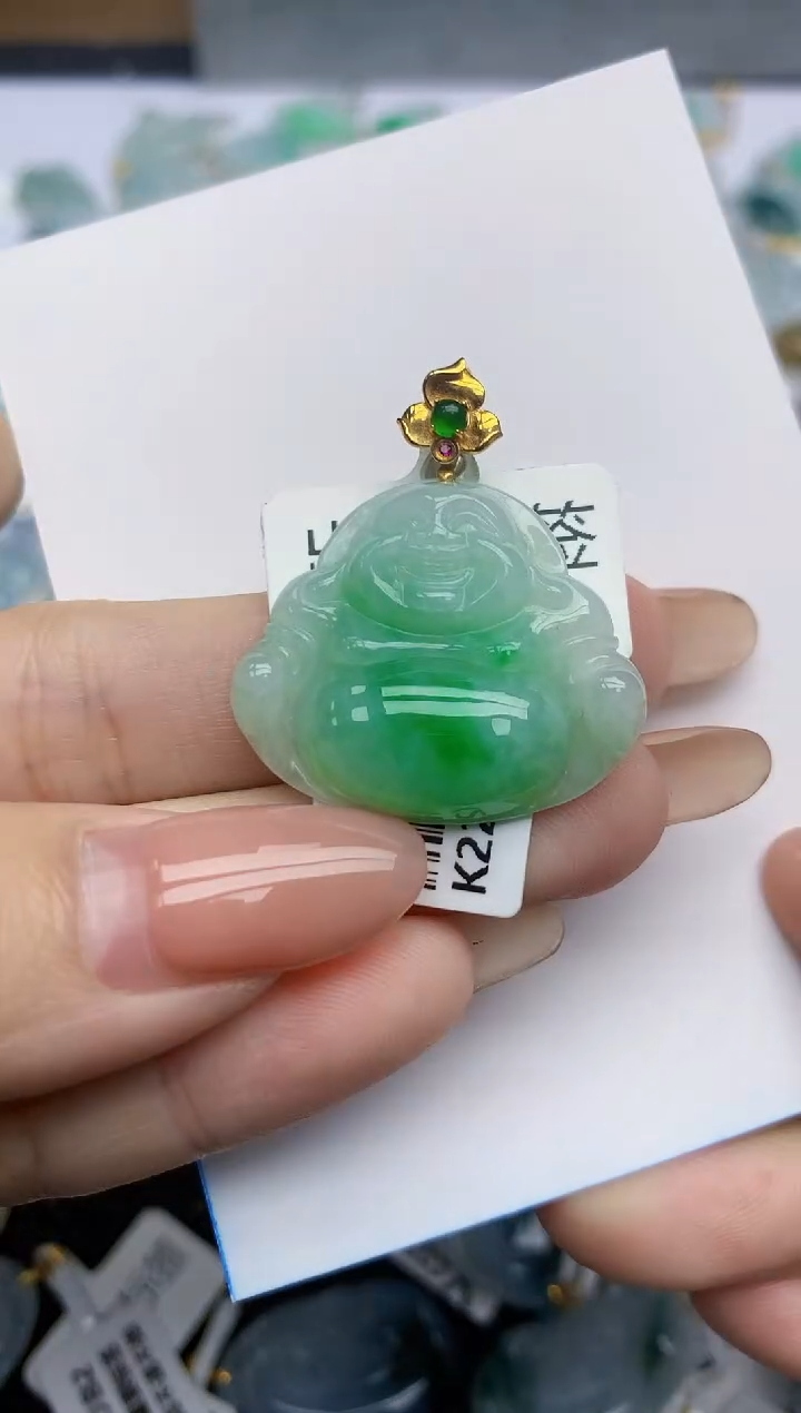 【闪购商品】翡翠挂件18K金镶嵌天然翡翠A货