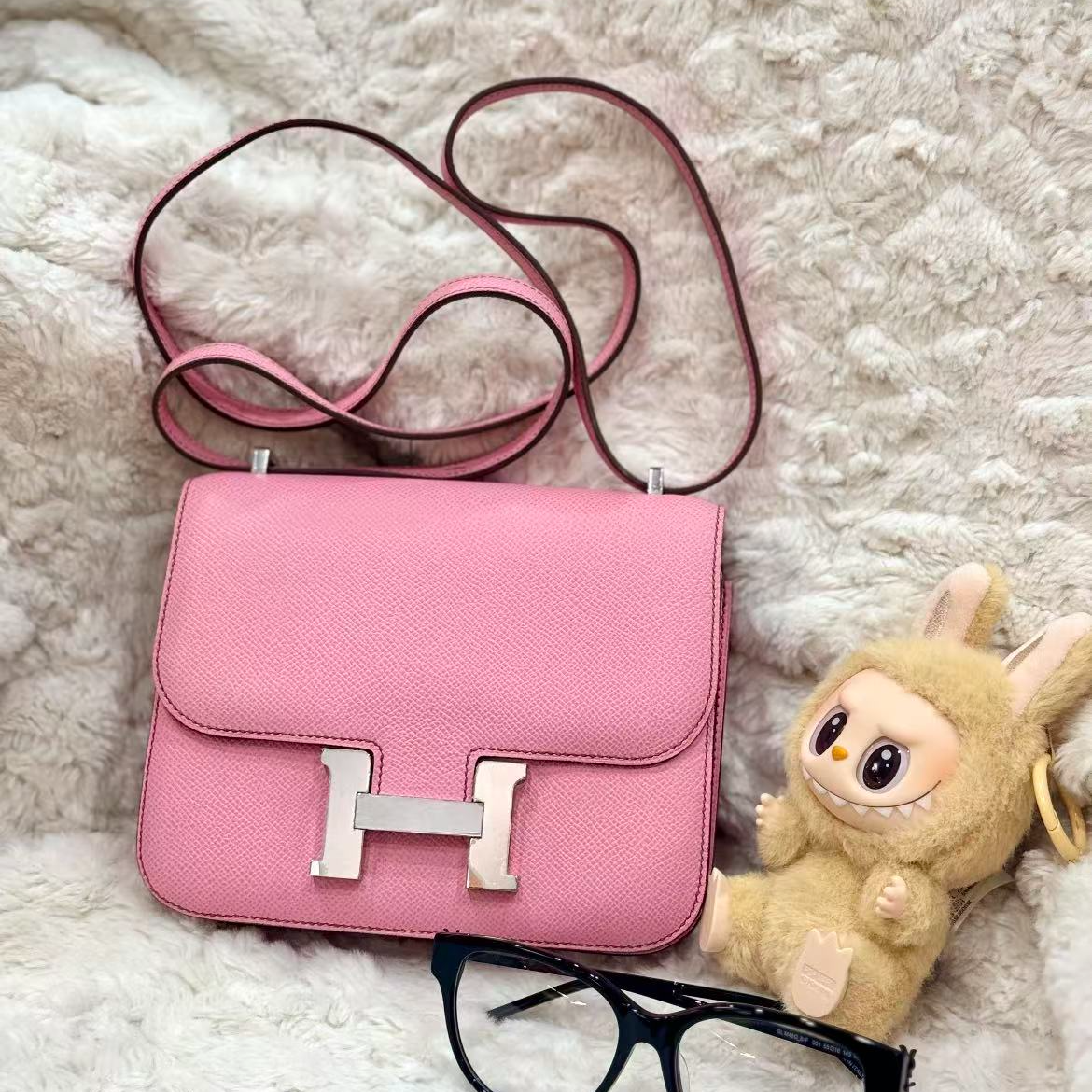 99新 Hermes/爱马仕 康康19樱花粉5p银扣E皮Z刻