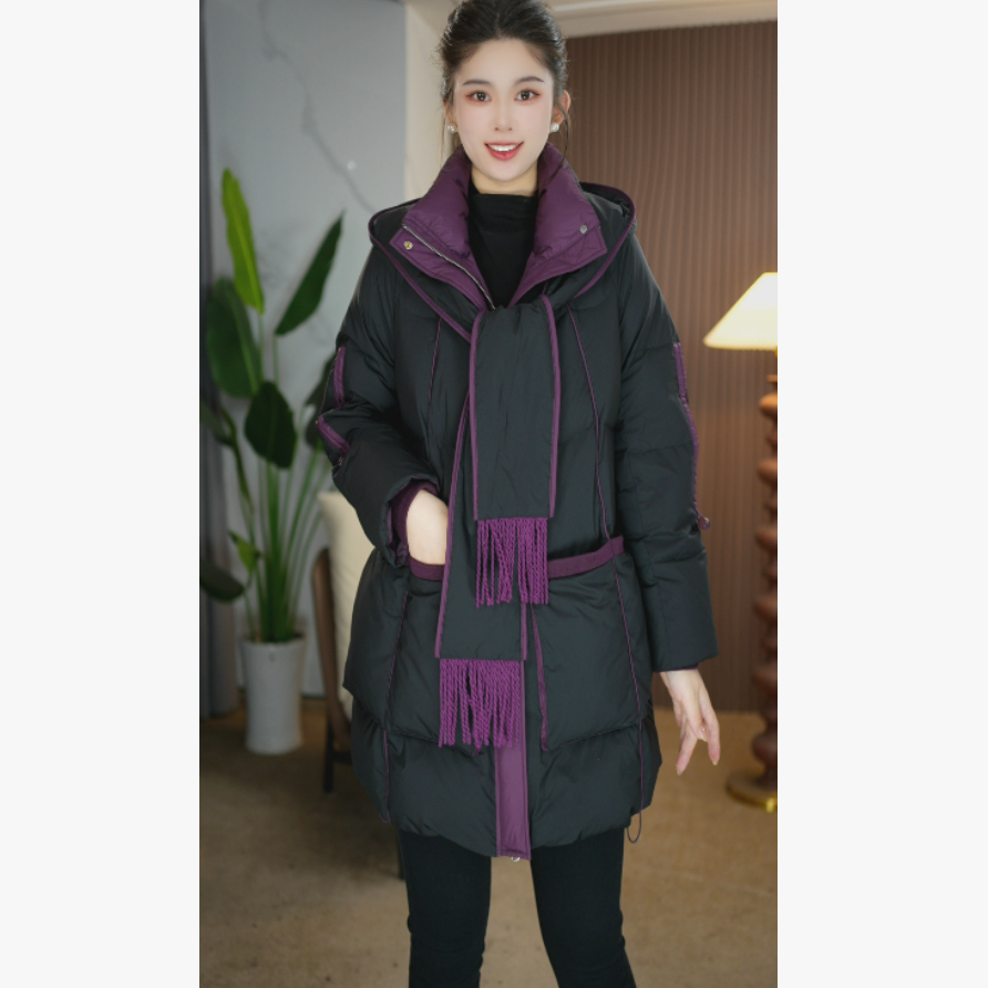 【奈娅定制】D8141-3冬季设计感围巾连帽优雅百搭白鹅绒羽绒服女