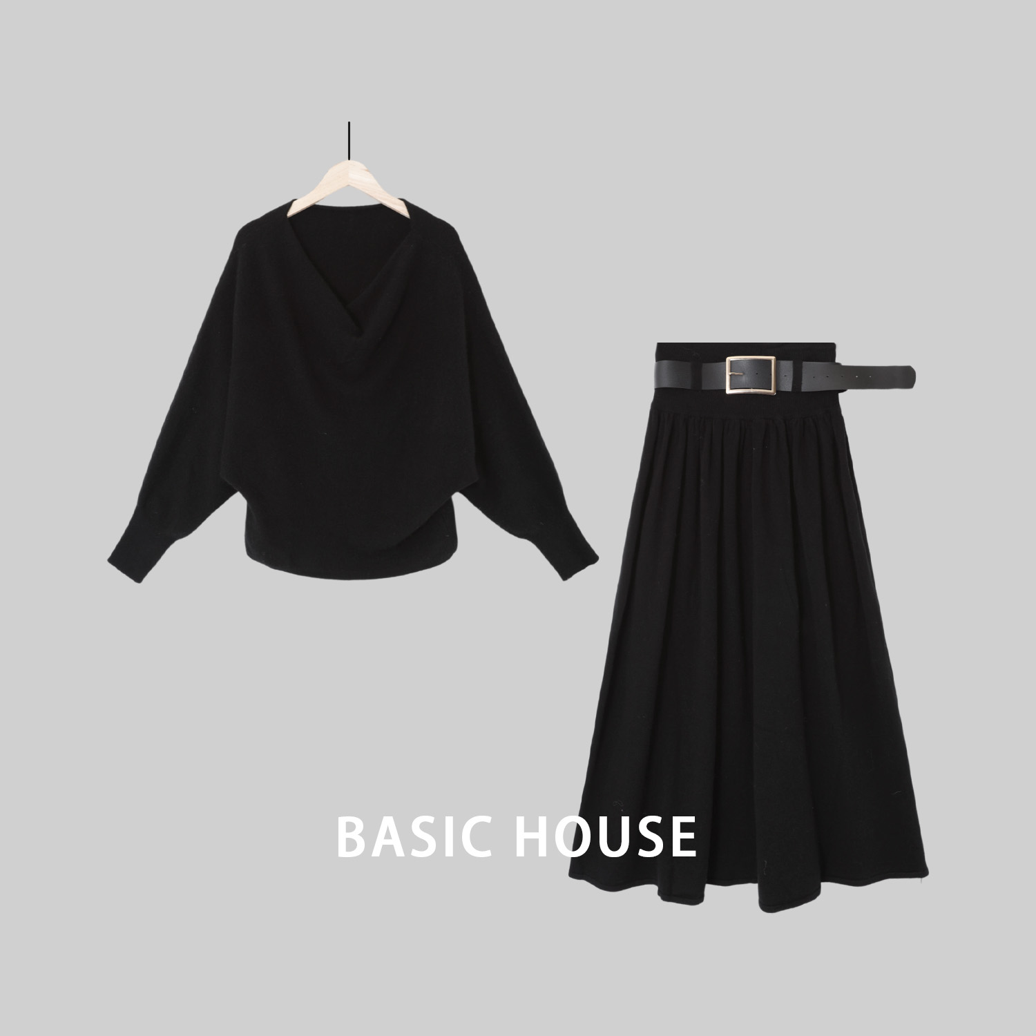 Basic House/百家好JH气质轻熟针织两件套腰带时尚百搭半裙套装