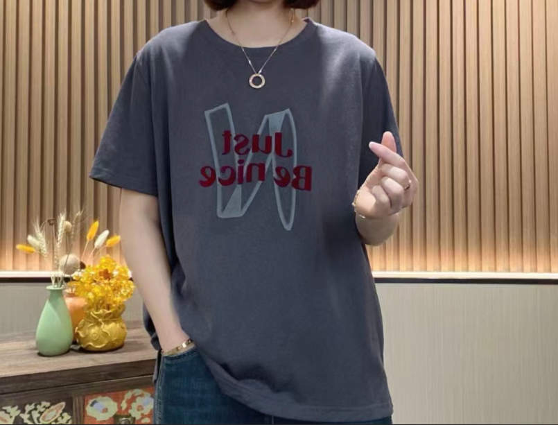 【夏季新款】时尚显瘦休闲百搭重工植绒N字母图案圆领短袖X26140