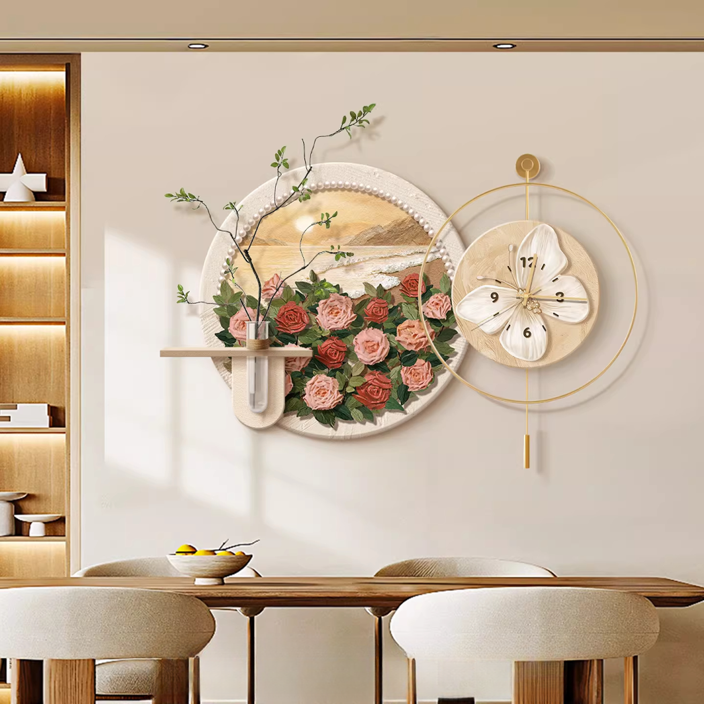 法式奶油风钟表餐厅装饰画挂钟2025新款水培绿植客厅创意时钟挂墙