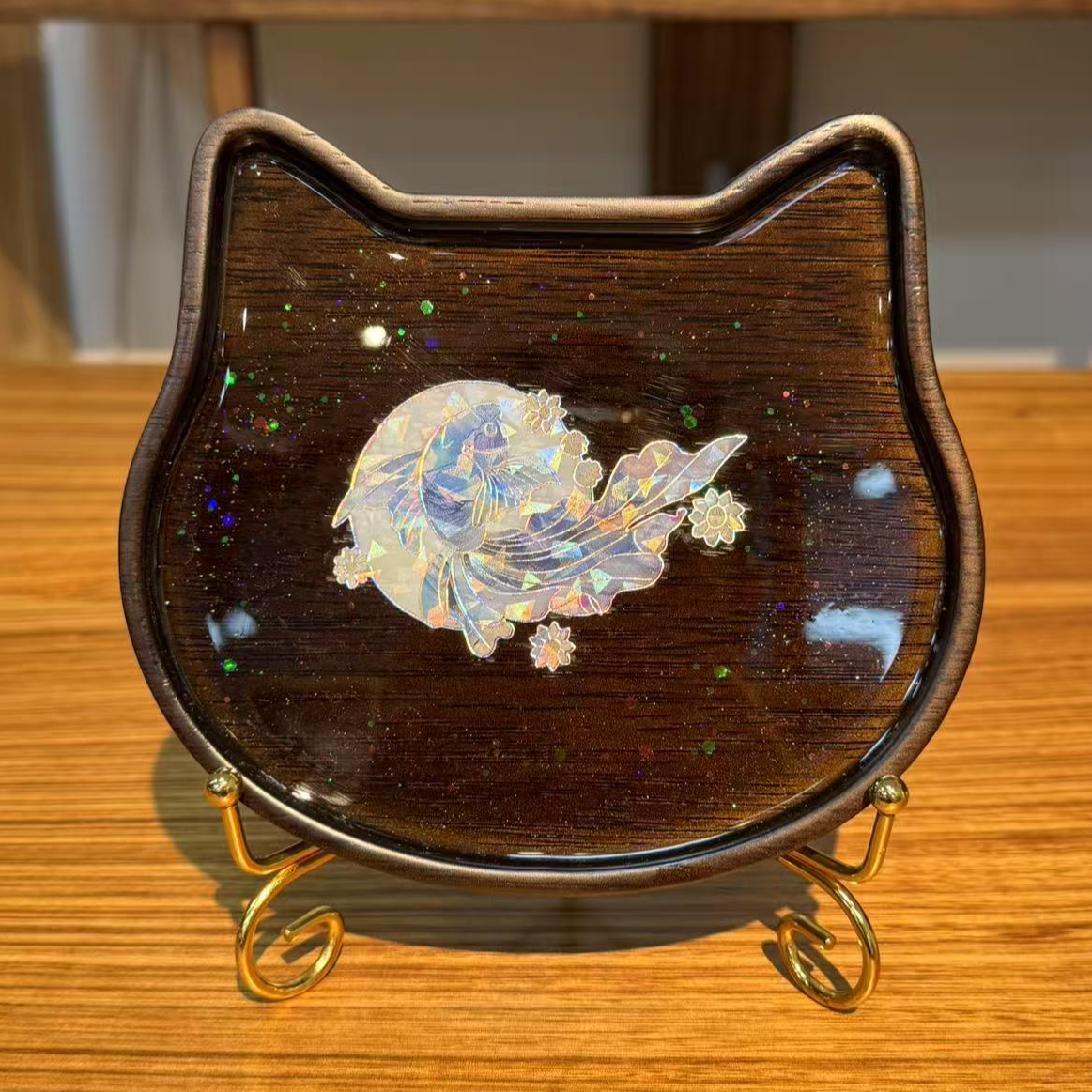 龙福木艺金丝柚木猫头螺钿壶承16.15.2cm