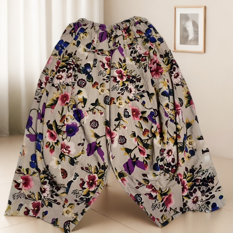 早秋款阔腿做旧花色复古休闲裤阔腿裤南瓜裤裤中腰休闲花苞裤