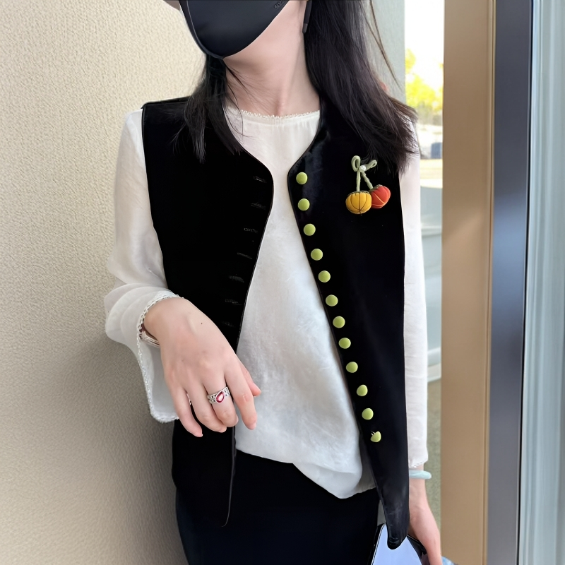 新中式时尚轻奢马甲秋装新款黑丝金丝绒多扣显瘦气质上衣女士2602