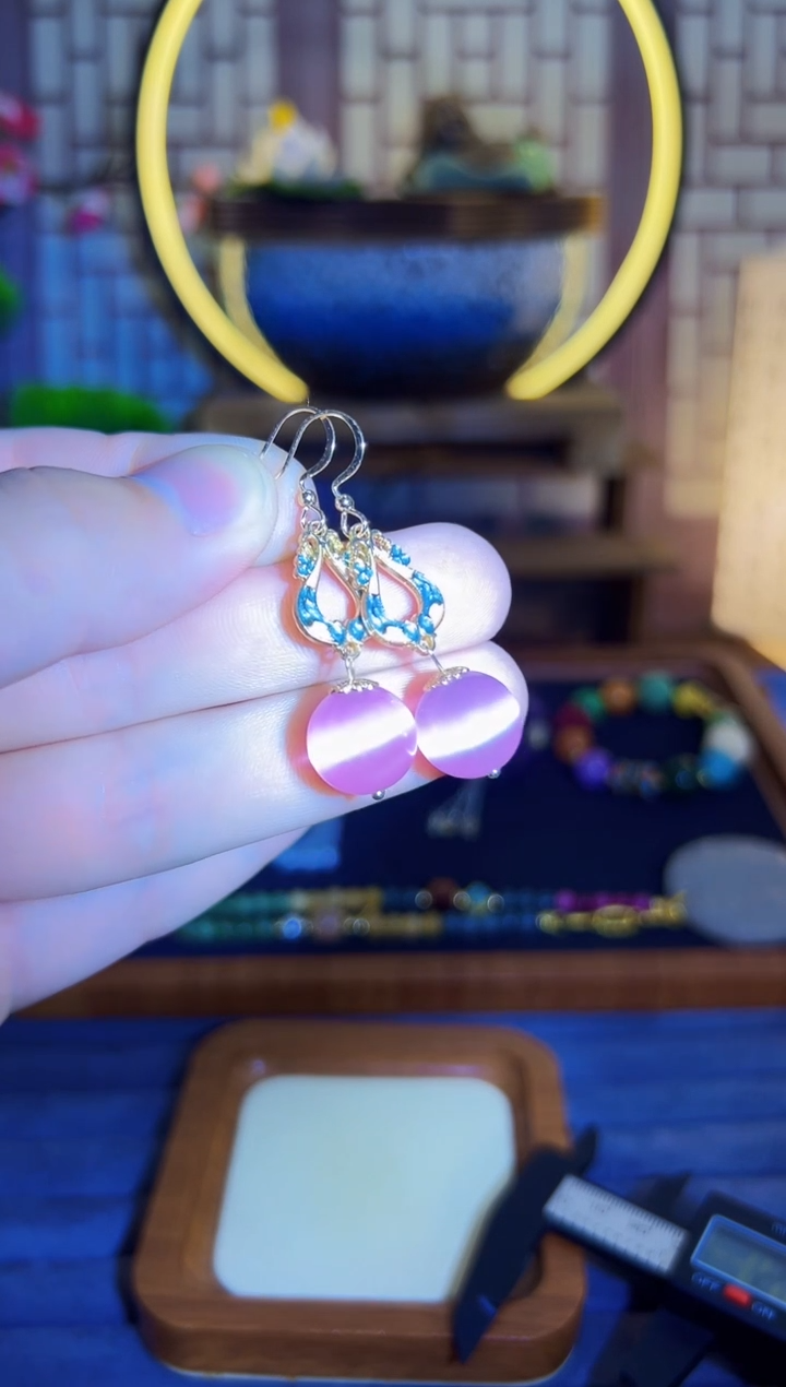 碧玺猫眼耳饰14K金镶嵌E54