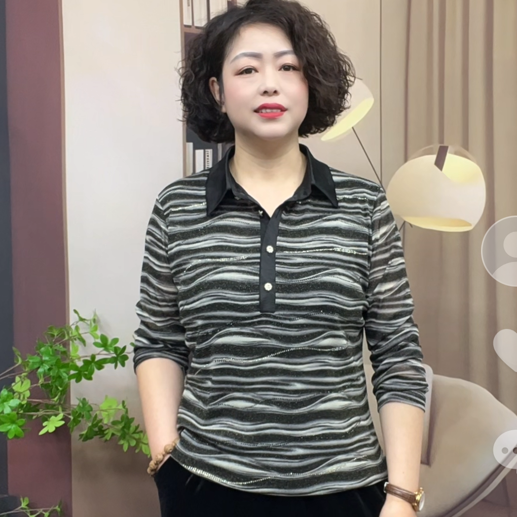 时尚妈妈装条纹长袖T恤2025春季新款洋气中老年女装撞色翻领上衣
