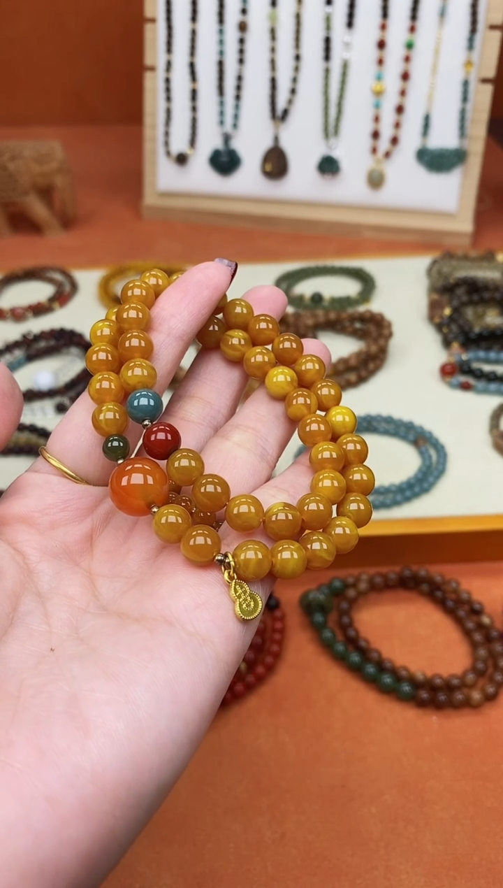 手链蜜蜡未镶嵌双圈蜜蜡和田南红蓝水手串