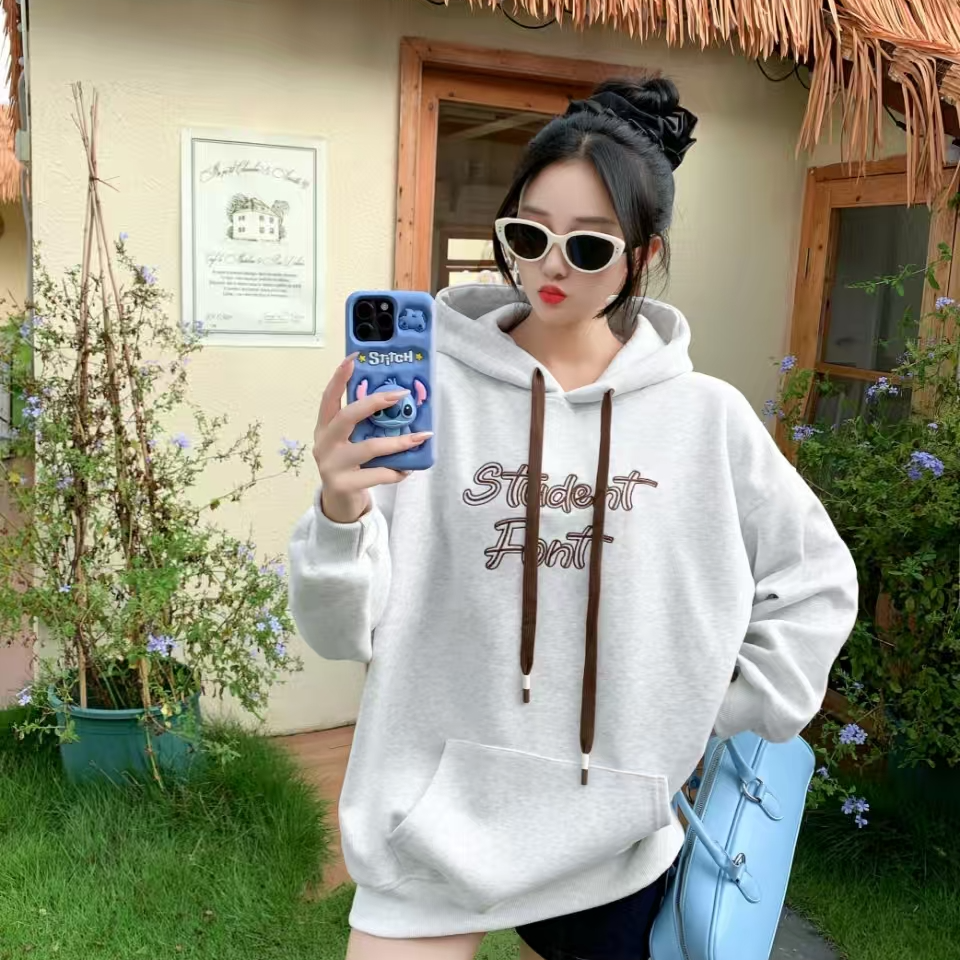 【student】重磅宽松大版遮屁股卫衣刺绣大码连帽卫衣外套春秋款女
