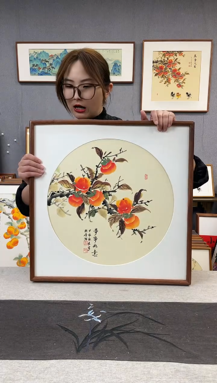 【闪购商品】国画贺照亭-纯手绘带框作品-52*52-柿子