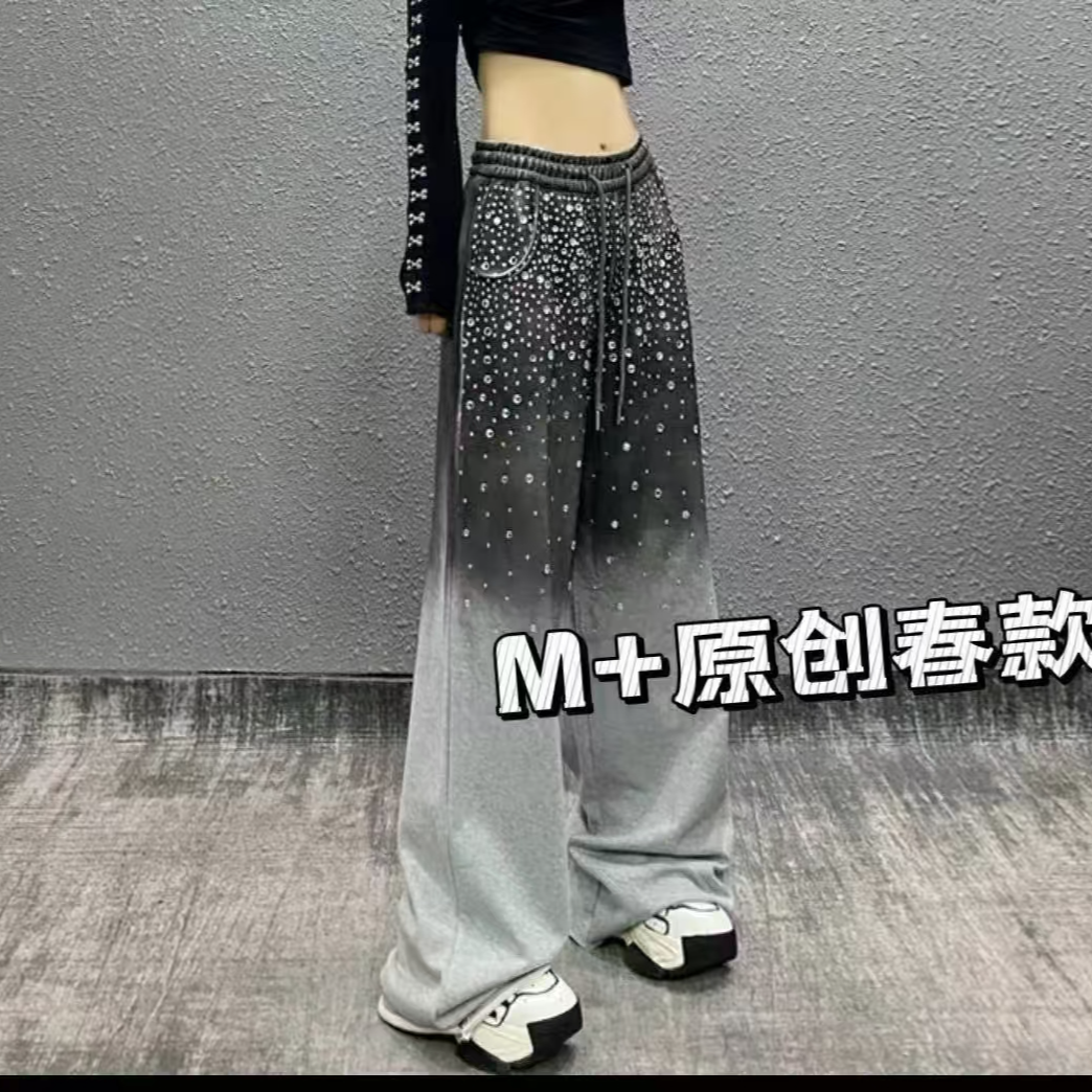 欧货潮牌满天星带钻原创春款重工拖地裤